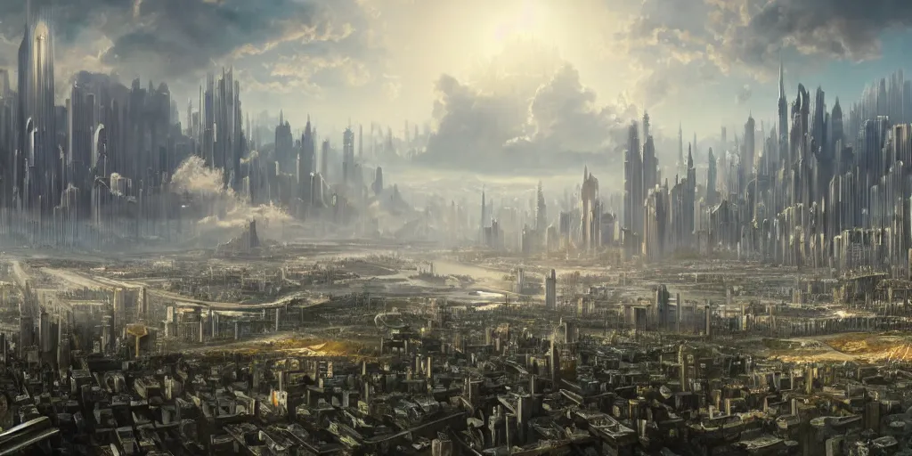 Prompt: A beautiful hyper realistic detailed matte painting of a serene landscape with a futuristic metropolis foreground and super advance city in the background, barometric projection, by Raphael Lacoste, Dan Smith, and Lichtenstein, featured on artstation, featured on behance, ultrawide angle,f16,dof-1