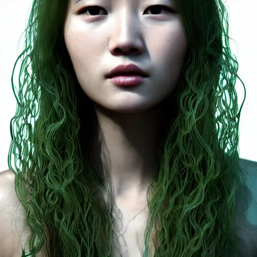 Image similar to intricate highly detailed face portrait of asian - european woman, light mint transparent water vines on her face, intricate, cgsociety, unreal engine, octane render, sharp focus, smooth, volumetric lighting, cinematic composition, artstation c 1 0. 0