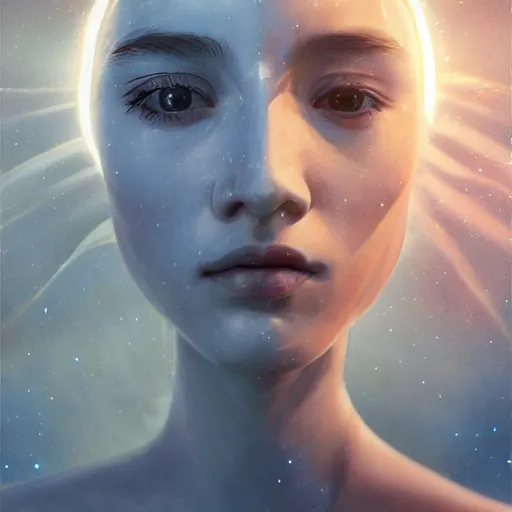 Prompt: sci - fi, close - up, 3 d, moon rays, sleepy fashion model face, cinematic, clouds, sun rays, vogue cover style, poster art, blue mood, realistic painting, intricate oil painting, high detail illustration, figurative art, multiple exposure, water, 3 d, by tooth wu and wlop and beeple and greg rutkowski