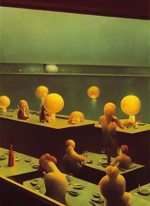 Image similar to spherical water people at underwater restaurant Edward Hopper and James Gilleard, Zdzislaw Beksinski highly detailed