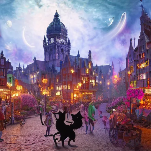 Image similar to a bustling magical town with witches and black cats dancing around a colorful music festival in its center, inspired by victorian england and amsterdam, highly detailed, intricate, digital painting, trending on artstation, concept art, matte painting, art by greg rutkwowski, craig mullins, octane render, 8 k, unreal engine