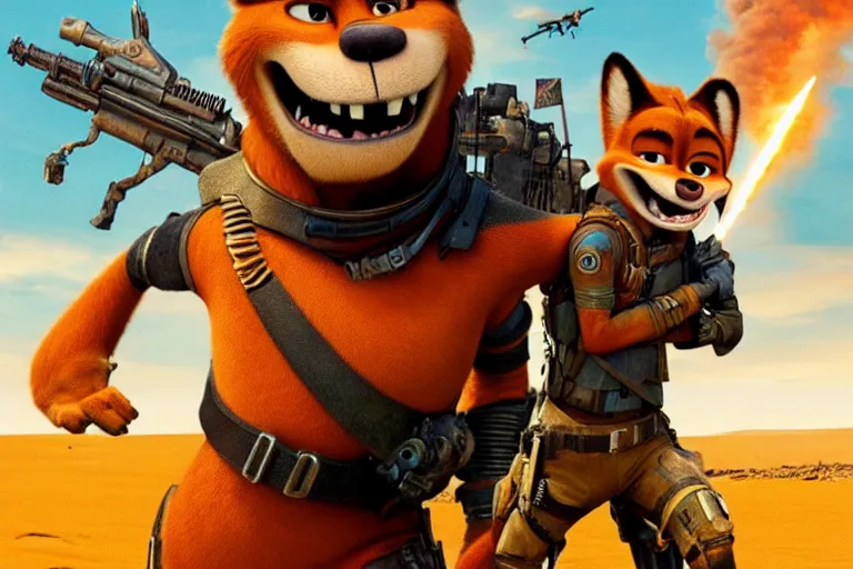 Image similar to nick wilde, heavily armed and armored facing down armageddon in a dark and gritty reboot from the makers of mad max : fury road : witness me