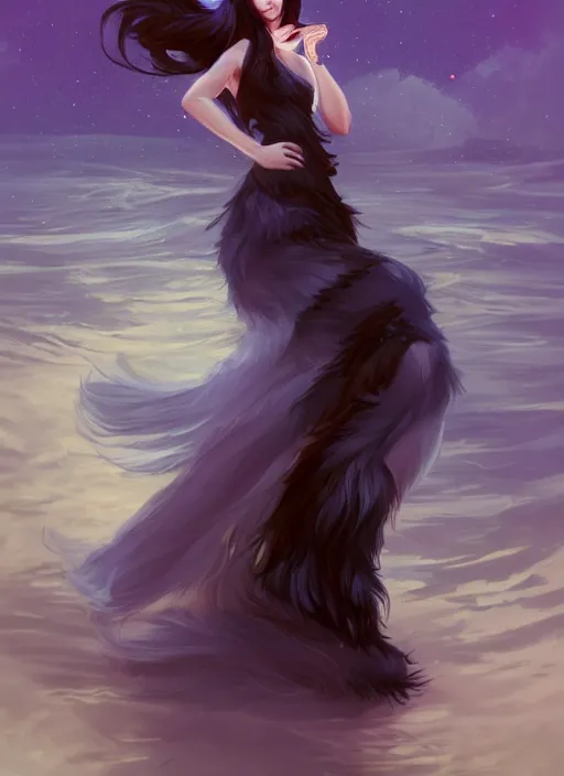 Image similar to wide angle beautiful full body portrait of a strong male anthropomorphic anthro border collie fursona wearing an evening gown by a lake at night, character design by charlie bowater, henry asencio, and ross tran, furry art, furaffinity, beautiful, glamor pose, detailed, aesthetic, trending on artstation