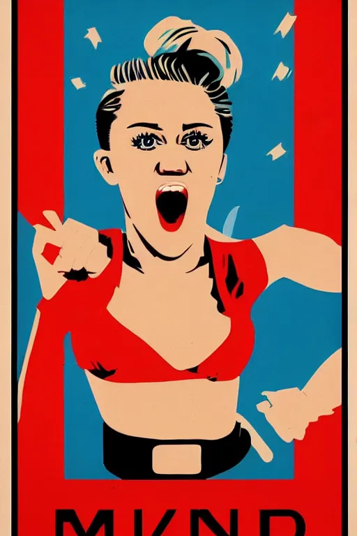 Image similar to propaganda poster, miley cyrus, action pose