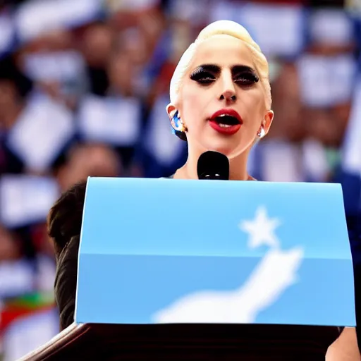 Image similar to Lady Gaga as president, Argentina presidential rally, Argentine flags behind, bokeh, giving a speech, detailed face, Argentina