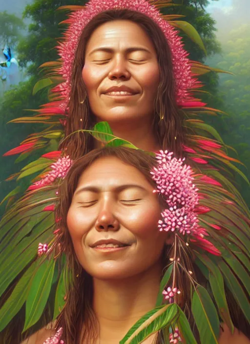 Image similar to a beautiful portrait of a smiling indigenous woman with eyes closed in the amazon jungle surrounded by pink calliandra angustifolia flowers, matte painting, by christophe vacher