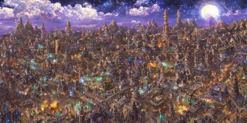 Prompt: an concept art of the ancient town surrounded by magic guardians, lovercraft city, intricate details, detailed sky, detailed structures, starry night, artstation, epic scenery, colourful light, by kentaro miura and vasnetsov