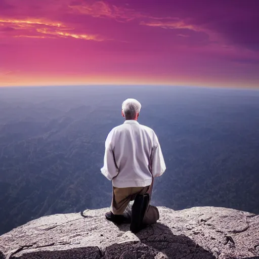 Prompt: An old and friendly looking catholic priest kneeled in prayer at the summit of a tall tower. The night sky is filled with a yellow shadow. 4K, photorealistic, dramatic lighting