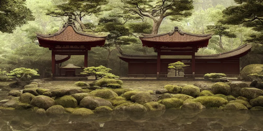 Prompt: a ancient japanese temple in the middle of a forest mear a small river, extremely highly detailed, high quality, 8K HDR, octane render, unreal engine 5, hyperrealistic, concept art, trending on Artstation, dramatic lighting, cinematic, high coherence, path tracing, ruins, clouds in the sky