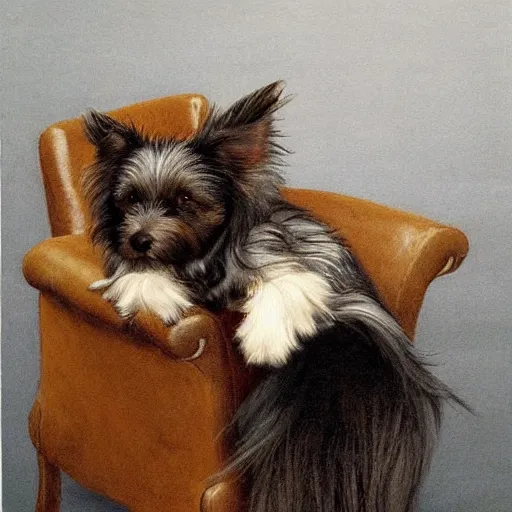 Image similar to an old happy brown and gray Yorkshire terrier dog lounging in a leather chair, long hair, extremely detailed masterpiece, illustration, by Michael Sowa,