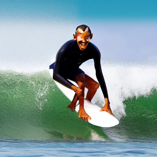 Prompt: obama surfing holding a drink, vacation photo, high detail realistic