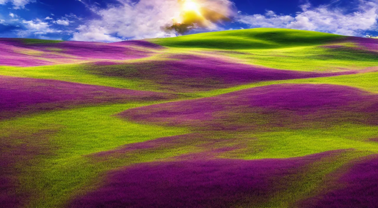 Prompt: Bliss Windows XP default wallpaper, but with purple grass, realistic matte painting,