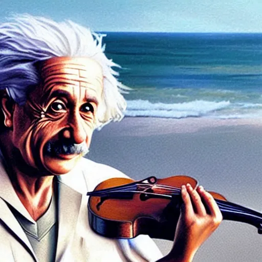 Image similar to albert einstein on tropical beach playing violin by greg rutkowski hyper realistic award winning