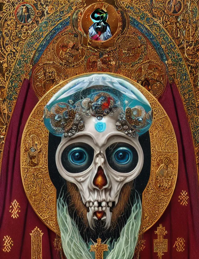 Prompt: russian orthodox icon macro close - up portrait with mask made of ram skull. betta fish, jellyfish phoenix, bioluminiscent, plasma, ice, water, wind, creature, super intricate ornaments artwork by tooth wu and wlop and beeple and greg rutkowski