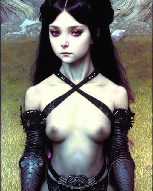 Image similar to portrait of beautiful cute young goth maiden girl with short white hairs in warhammer armor, art by ( ( ( kuvshinov ilya ) ) ) and wayne barlowe and gustav klimt and artgerm and wlop and william - adolphe bouguereau