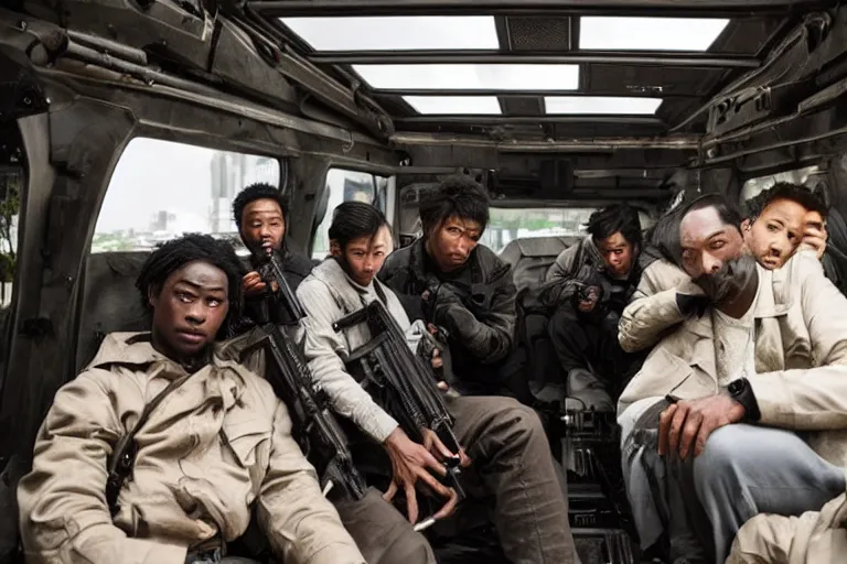 Image similar to movie diverse interracial team of Japanese robbers armed with rifles interior clean futuristic tactical van, beautiful skin, Symmetrical faces. natural lighting by Emmanuel Lubezki