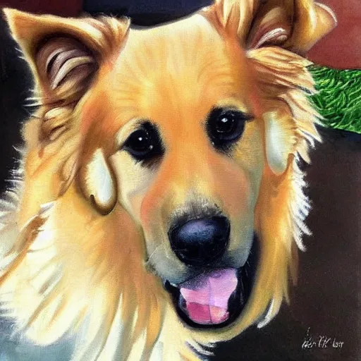 Image similar to a painting of a cute golden retriever with a german shepherd