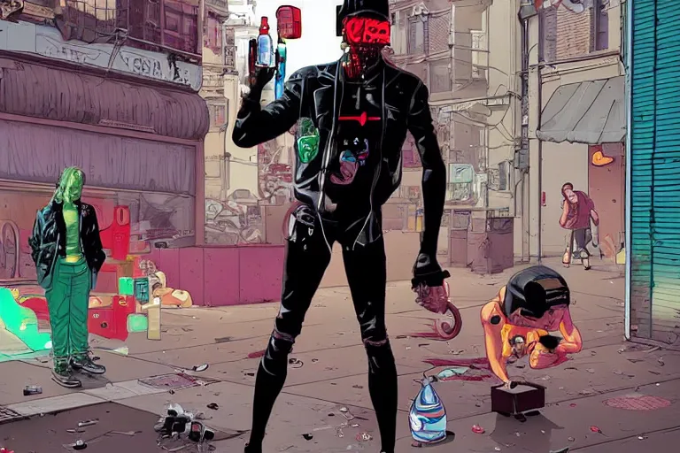 Prompt: cyborg drinking Coke at a dirty crouded streetcorner, cyberpunk, by Josan Gonzalez and Tomer Hanuka and Moebius