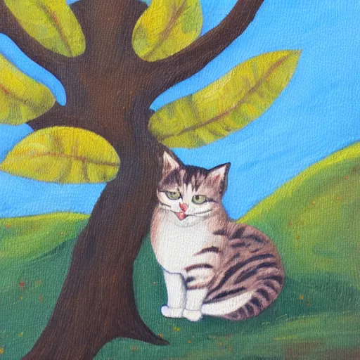 Image similar to cat sitting under the tree, rococo oil painting