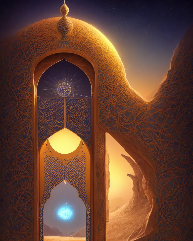 Image similar to a surreal islamic style ornamental gate in the desert opens into an other dimension with different alien landscape. by vincent di fate and james jean. ornament, intarsia, portal, doorway, dynamic lighting, ambient lighting, atmospherical, photorealistic fantasy concept art, trending on art station, stunning visuals, creative, cinematic, ultra detailed