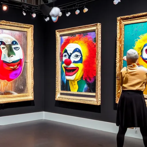 Prompt: clown gallery, photo of clowns in an art gallery looking at artwork of clowns