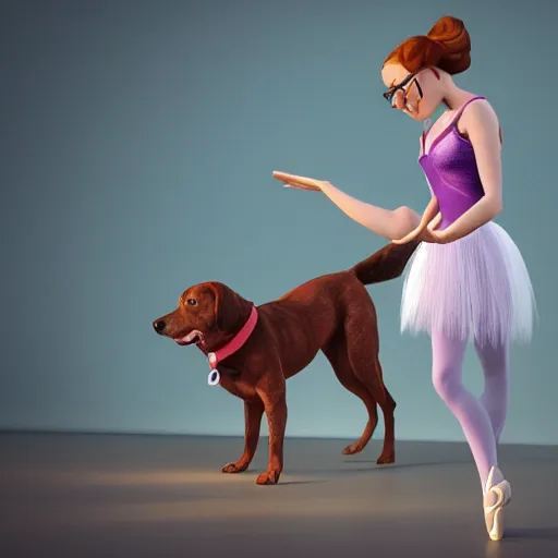 Image similar to still of woman working on her dog's clothing line, in the style of disney, comic book style, the dog is doing a ballet dance, highly detailed, 8k resolution, octane renderer