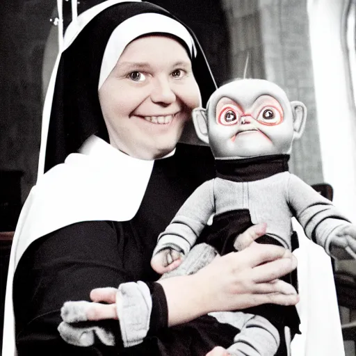 Image similar to a nun in church holding chucky the demonic killer doll on her lap