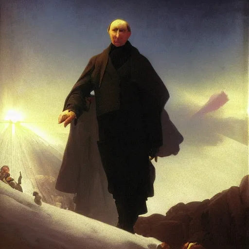 Prompt: putin is a sith lord, by ivan aivazovsky and syd mead and moebius and gaston bussiere and roger dean and pieter claesz and paul delaroche and alma tadema and gerard ter borch, hyperrealistic, volumetric light, octane render