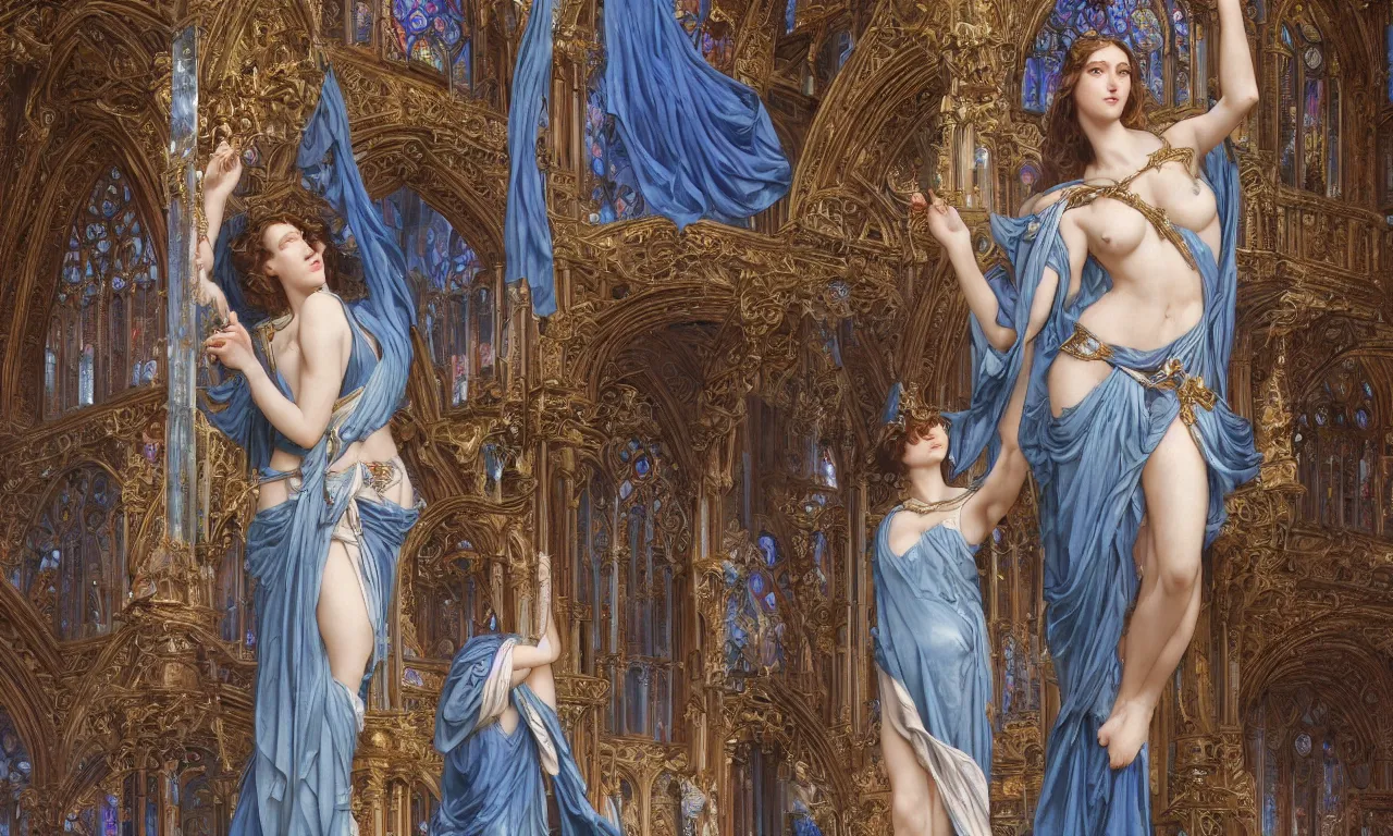 Prompt: full view of goddess aphrodite draped in iridescent blue silk in a gothic marble palace with stained glass windows. masterpiece 8 k digital illustration by ruan jia and mandy jurgens and artgerm and bouguereau, award winning, artstation, art nouveau, gustave dore background, intricate details, hyper realistic faces, hyperdetailed, 8 k resolution, intricate art