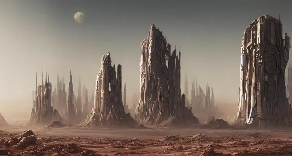 Image similar to hyper realistic sci - fi matte concept art painting of city on mars with towers made of giant stacks of disks, beautiful details, strong composition painted by kim jung guweta studio rutkowski, james gurney and greg rutkowski, and lucasfilm, smooth, intricate, detailed, sharp focus, cinematic