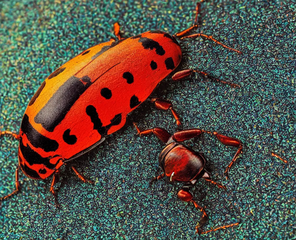 Prompt: a closeup of a beautiful colorful beetle coleoptera by gustave boulanger, joaquin sorolla. high quality award - winning national geographic by clemens ascher, paul barson. iceland landscape.