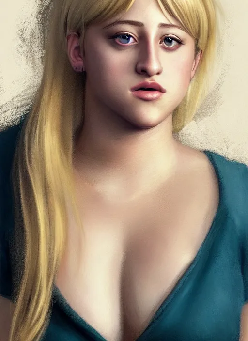 Image similar to full body portrait, teenage lili reinhart, blonde hair, obese, bangs, ponytail, sultry, realistic, sultry smirk, fluffy bangs, curly bangs, fat, belly, intricate, elegant, highly detailed, digital painting, artstation, concept art, smooth, sharp focus, illustration, art by wlop, mars ravelo and greg rutkowski