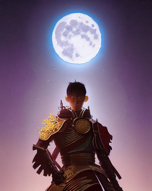 Prompt: highly detailed surreal vfx portrait of a metallic chromatic samurai in front of a full moon, stephen bliss, unreal engine, greg rutkowski, loish, rhads, beeple, makoto shinkai and lois van baarle, ilya kuvshinov, rossdraws, tom bagshaw, alphonse mucha, global illumination, detailed and intricate environment