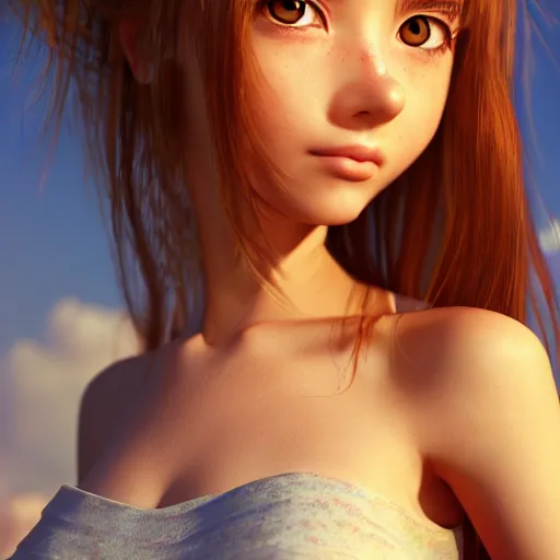 Image similar to Render of a very beautiful 3d anime girl, long hair, hazel eyes, cute freckles, full round face, short smile, cute sundress, golden hour, serene beach setting, medium shot, mid-shot, highly detailed, trending on Artstation, Unreal Engine 4k