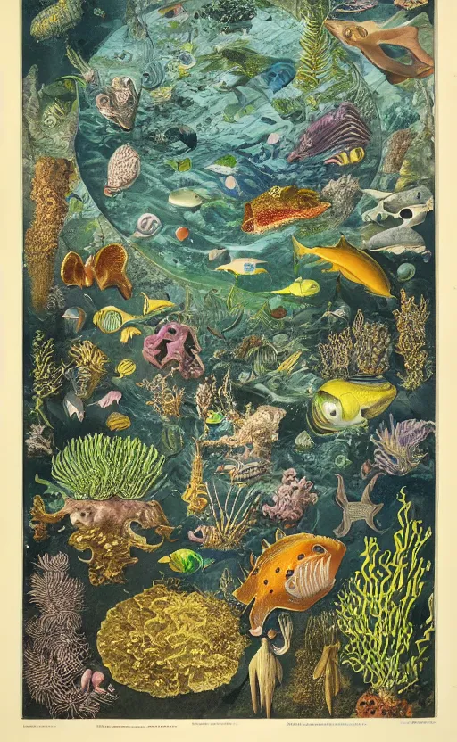 Prompt: landscape of rich and beautiful life under water scientific zoological illustration, made by Ernst Haeckel and John Megahan