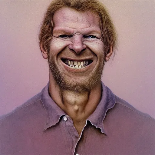 Prompt: album art portrait of aphex twin grinning, painted by zdzislaw beksinski