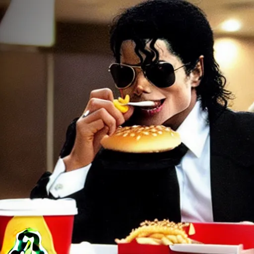 Prompt: Michael Jackson eating at a McDonalds, long shot, award winning, high detail, high resolution