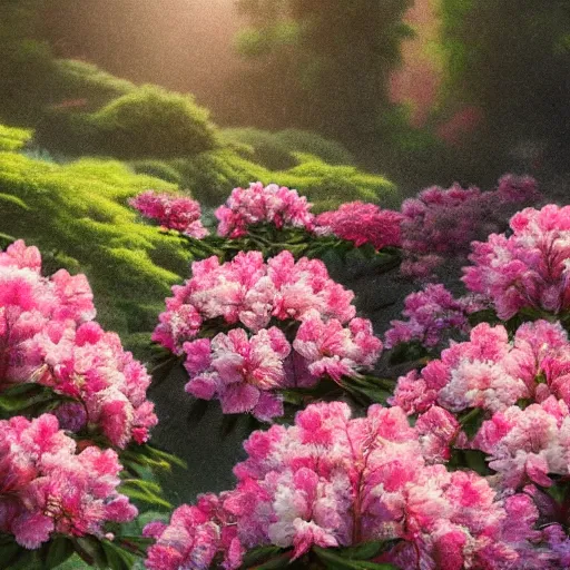 Image similar to rhododendron flowers in the english garden, photorealistic, 5 0 mm, evening light, artstation