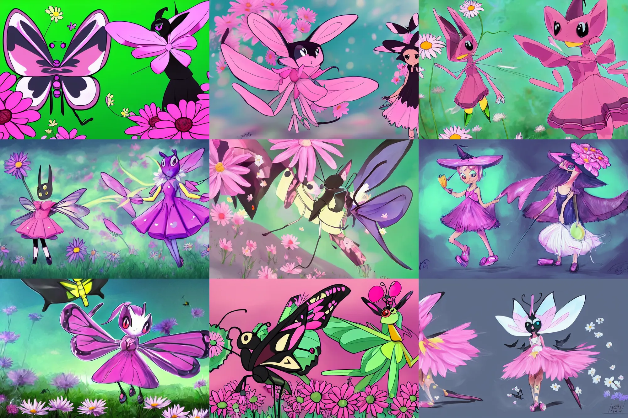 Prompt: butterfly pokemon with black eyes and antennae like a mantis wearing a floe pink maid dress floating over a field of daisies wearing converse skater shoes and a witch hat, concept art by pusty xox artstation