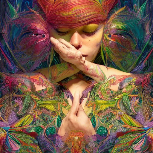 Image similar to A reality bending psychedelic ayahuasca experience, colorful, distorted, surreal, tropical bird feathers, dramatic lighting on the face, intricate, elegant, highly detailed, digital painting, concept art, smooth, sharp focus, illustration, art by Krenz Cushart and Wayne Barlowe and alphonse mucha