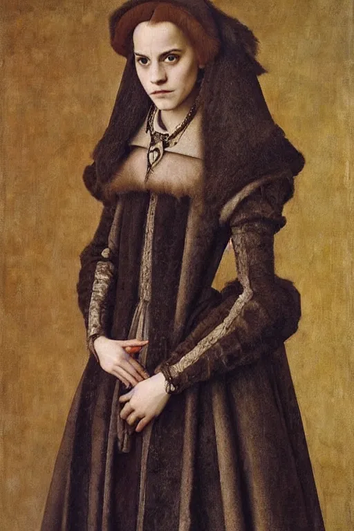 Image similar to portrait of emma watson, oil painting by jan van eyck, by hans holbein, northern renaissance art, old masters, alla prima, realistic, expressive emotions, intricate textures, illusionistic detail