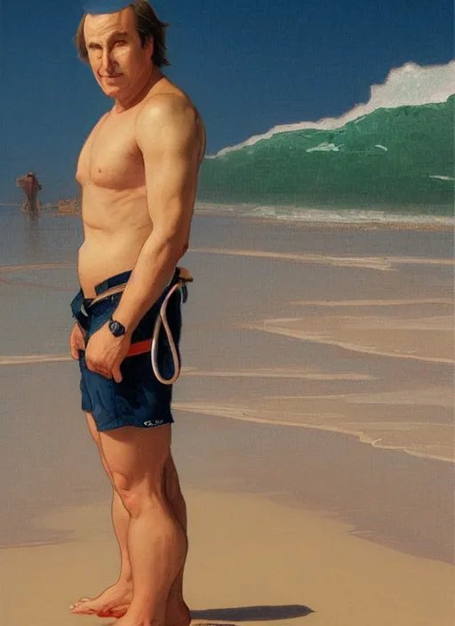 Prompt: portrait Bob Odenkirk as sea lifeguard on the beach, full length shot, shining, 8k highly detailed, sharp focus, illustration, art by artgerm, mucha, bouguereau