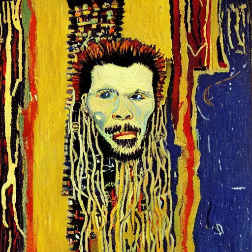 Image similar to artificial intelligence painting by van Gogh klimt Jean-Michel Basquiat