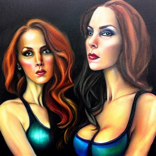 Prompt: “ five identical pretty women side by side, hyper realistic, in the style of julie bell ”