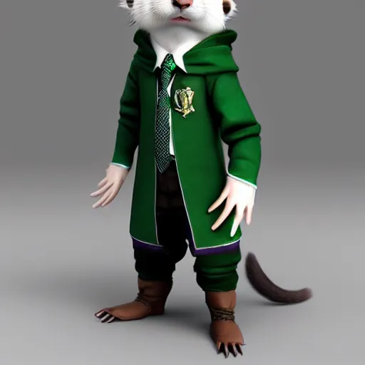 Image similar to a anthropomorphic ferret is dressed as a hogwarts student in slytherin robes, hyperdetailed, artstation, cgsociety, 8 k