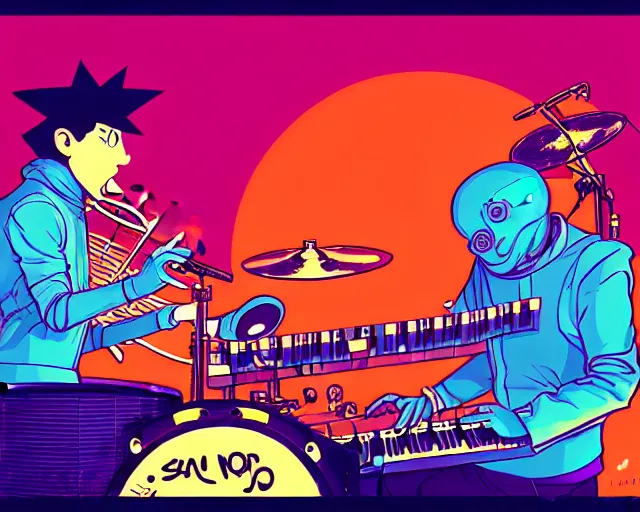 Image similar to a study of cell shaded cartoon of a two man band playing a synthesizer and drums, loud colors, post grunge, concept art by josan gonzales and wlop, by james jean, Victo ngai, David Rubín, Mike Mignola, Laurie Greasley, highly detailed, sharp focus, Trending on Artstation, HQ, deviantart, art by artgem