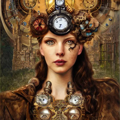 Prompt: Head and shoulders materpiece portrait of Lana Rhoades as a steampunk beautiful goddess, she half human and half robot, she is embellished with few gears wheels and gemstones, by William Holman Hunt, Greg Rutkowski, Stanely Artgerm, Tooth Wu, Peter Gric, Aaron Horkey, trending on Artstation, digital art, mythological, symmetrical artwork, cinematic lighting, hyper realism, high detail, octane render, ultra realistic, golden ratio, 4k, 8k