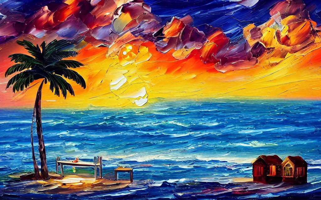 Prompt: in a big sea is a tiny island with a cute cozy cottage on it with a terrace, a paved courtyard with benches and string lights, palm trees, sunset, puffy clouds, dramatic and dynamic lighting, thick brush strokes oil impasto painting