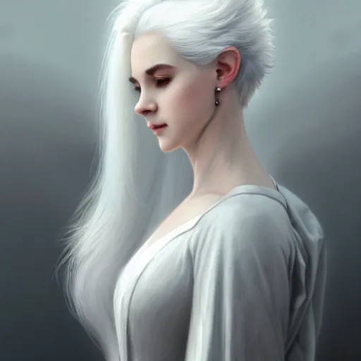 Image similar to white haired aristocrat, full body portrait, gentle, solemn face, cloth, female, city landscape, d & d, fantasy, intricate, elegant, digital painting, white grey color palette, artstation, octane render, concept art, matte, sharp focus, illustration, herrarthstone, art by artgerm and greg rutkowski and alphonse mucha