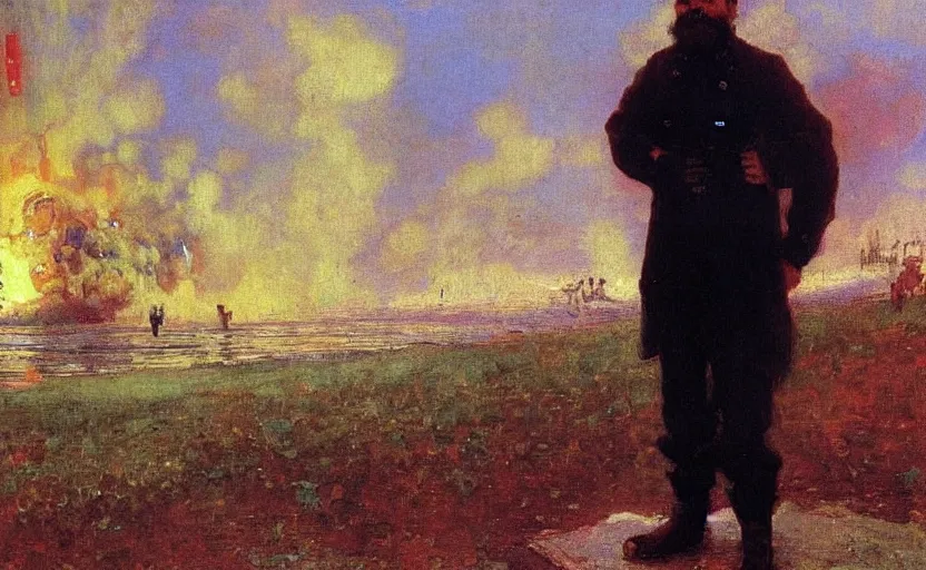 Image similar to high quality high detail painting by ilya repin man standing in front of huge explosion hd